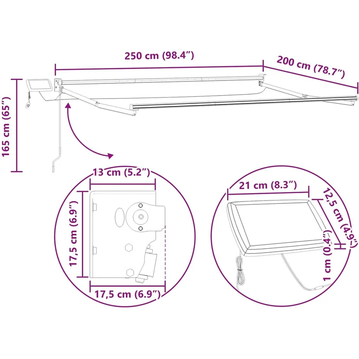 vidaXL Manuelle Gelenkarmmarkise mit LEDs Anthrazit und Weiß 2,5x2 m 3419177 – Bild 10
