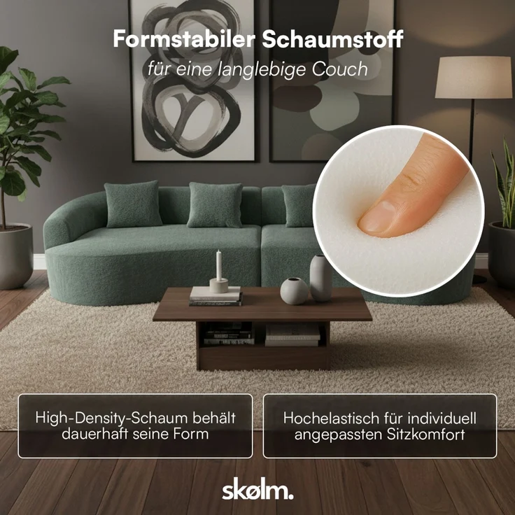 skølm 'Loki' Sofa 4 Sitzer, Vollschaumcouch mit Federkern und Vakuum-Kompression, kein Aufbau erforderlich, mit 4 Kissen, Teddy-Bouclé Stoff dunkelgrün – Bild 5