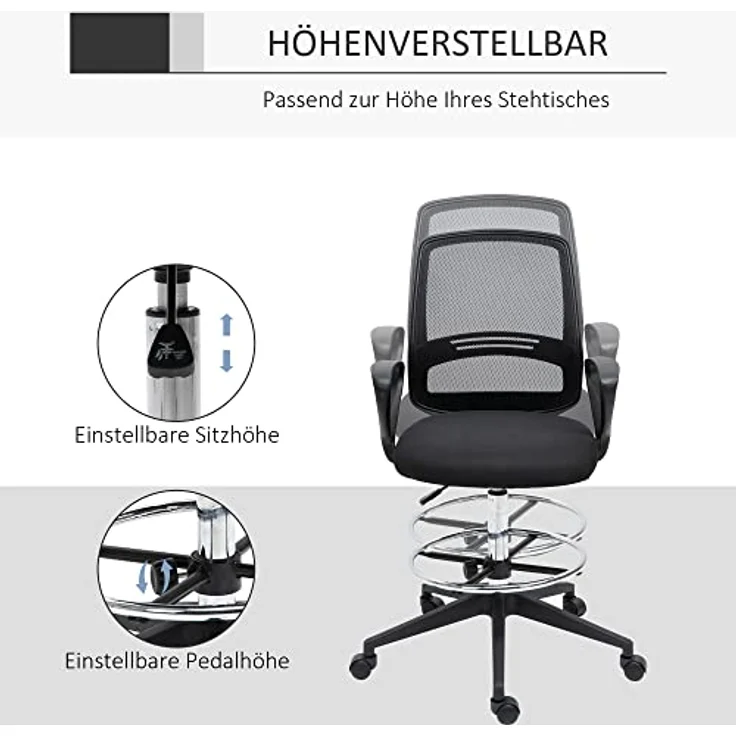 Vinsetto Drehstuhl, Schwarz, mit atmungsaktivem Netzgewebe, individuell einstellbarer Sitzhöhe und dick gepolstertem Sitz, L59,5 x T60 x H102,5–126 cm – Bild 5