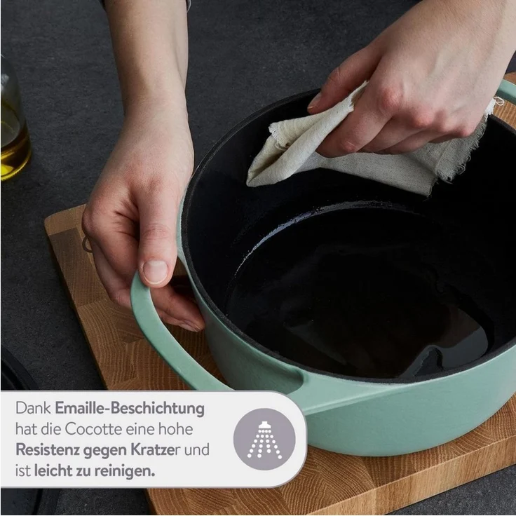 Springlane Bräter Cocotte Mint mit Deckel, Gusseisen, 6 L, Ø 28cm, Rund, Gusseisen emailliert, Ideale Feuchtigkeitsverteilung durch Tropfenstruktur – Bild 3