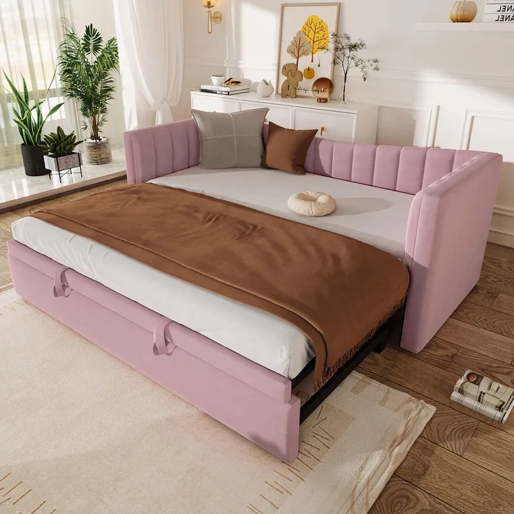 ZUBALIYA Tagesbett 90x200 / 180x200 cm, Bezug aus Samt, Außenmaße 215 x 196,5 x 75 cm, als Schlafplatz für Schlafzimmer und Gästezimmer, Rosa