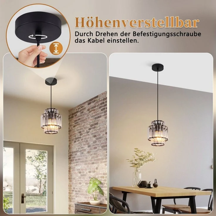 ZMH Pendelleuchte Esstisch 1-flammig, schwarze Hängeleuchte mit Kristallglas, E27, ohne Leuchtmittel, bis 143 cm höhenverstellbar, Modern Pendellampe für Küche & Esszimmer – Bild 4
