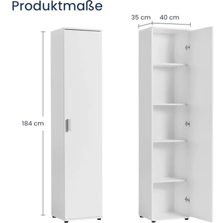 Home Collective Mehrzweckschrank Schmaler 40 cm breit mit 1 Tür & 4 Einlegeböden (Universalschrank Haushaltsschrank für Haushalt, Flur, Büro oder Schlafzimmer) 40x35x184 cm (BxTxH), Weiß – Bild 3
