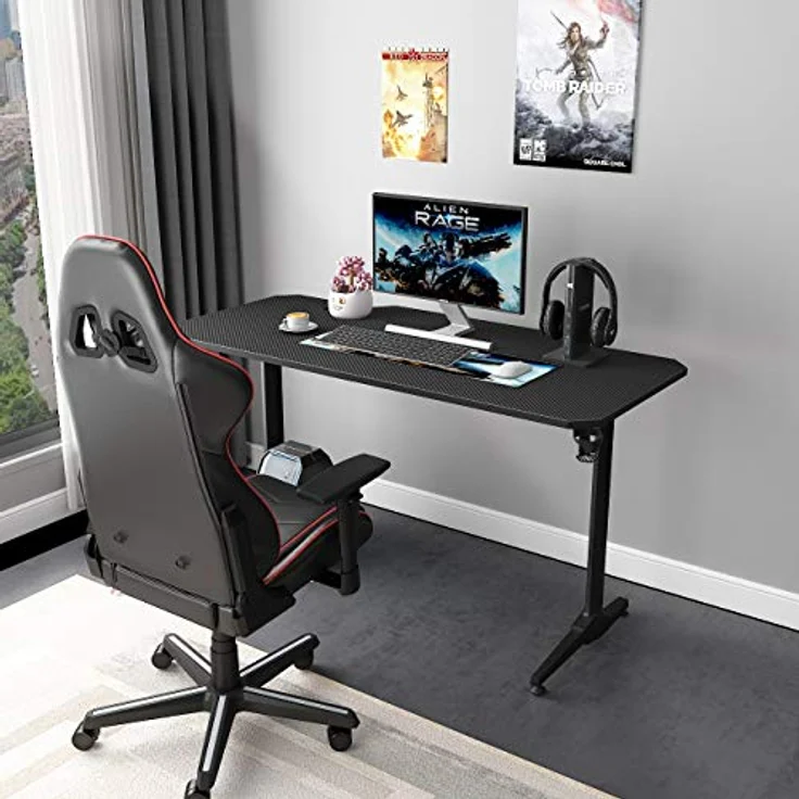 SogesHome Gaming Tisch 140cm Gaming Schreibtisch Computertisch in T-Form Gaming Table PC Tisch Schreibtisch mit Mausunterlage, Getränkehalter und Kopfhörerhaken,Bürotisch Ergonomischer Gamer Tisch – Bild 5
