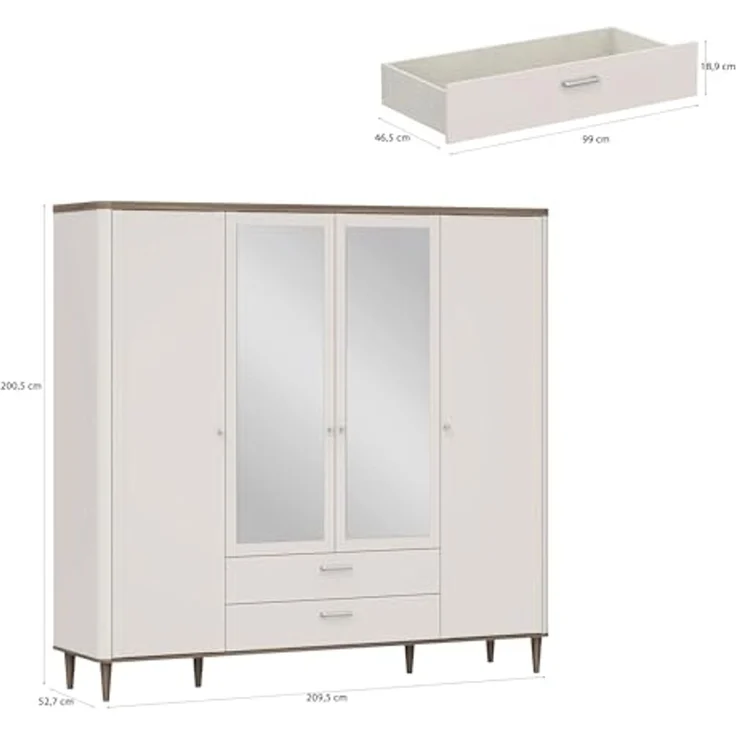 Forte LACETTI Kleiderschrank 200 210, eleganter Schrank mit Spiegel, 4-türig, 2 Schubladen, hohe Beine, Kaschmir-Beige-Valencia Eiche Holzdekor, 209,5 cm breit x 200,5 cm hoch x 52,7 cm tief – Bild 5
