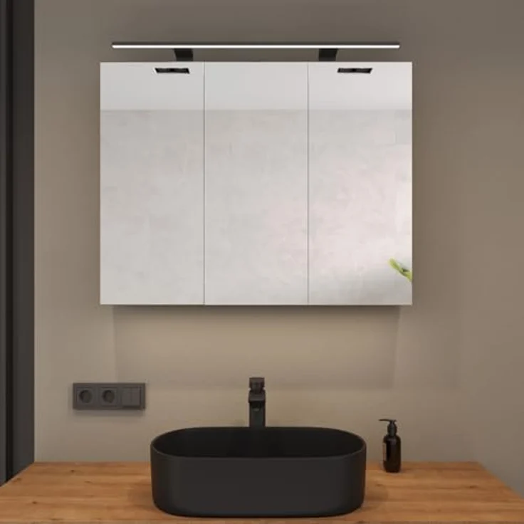 Planetmöbel ARIA Spiegelschrank Bad mit Beleuchtung 90 cm breit | Badschrank hängend mit Spiegel | Weiß Grau, mit Leuchte und Steckdose, Spiegelschrank Gäste WC 90 x 70 x 16 cm – Bild 3