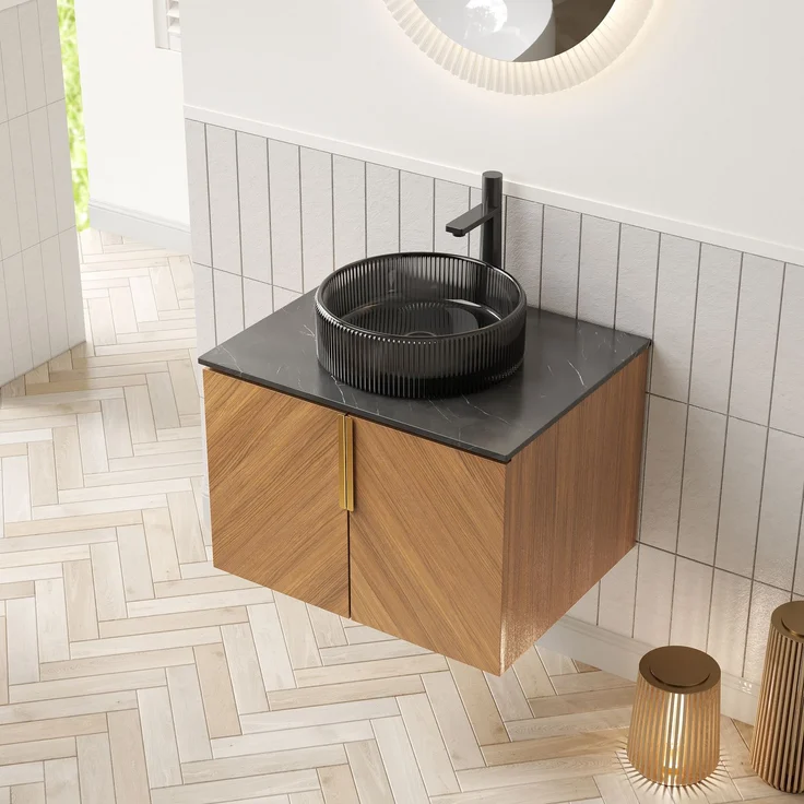 Badmöbel mit Glasbecken 61 x 50 x 52,6 cm, zwei Türen, Braun-Eiche-Optik – Bild 3