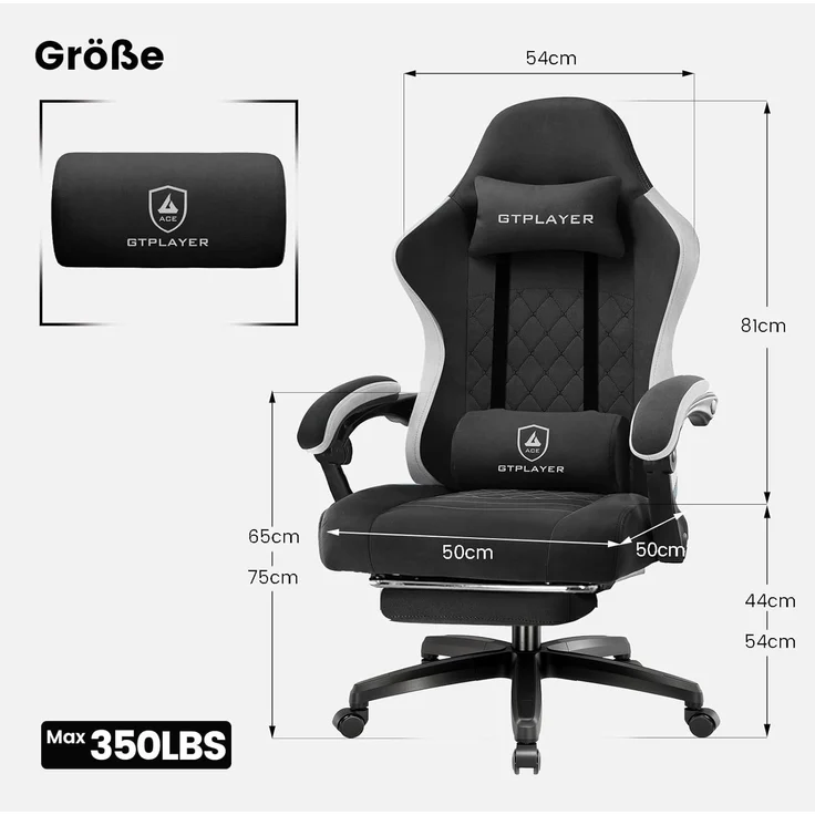 GTPLAYER Gaming Stuhl Stoff, Gaming Sessel mit Taschenfederkissen, ergonomischer Drehstuhl, Gamer Stuhl mit Fußstütze150 kg Belastbarkeit, schwarz – Bild 2