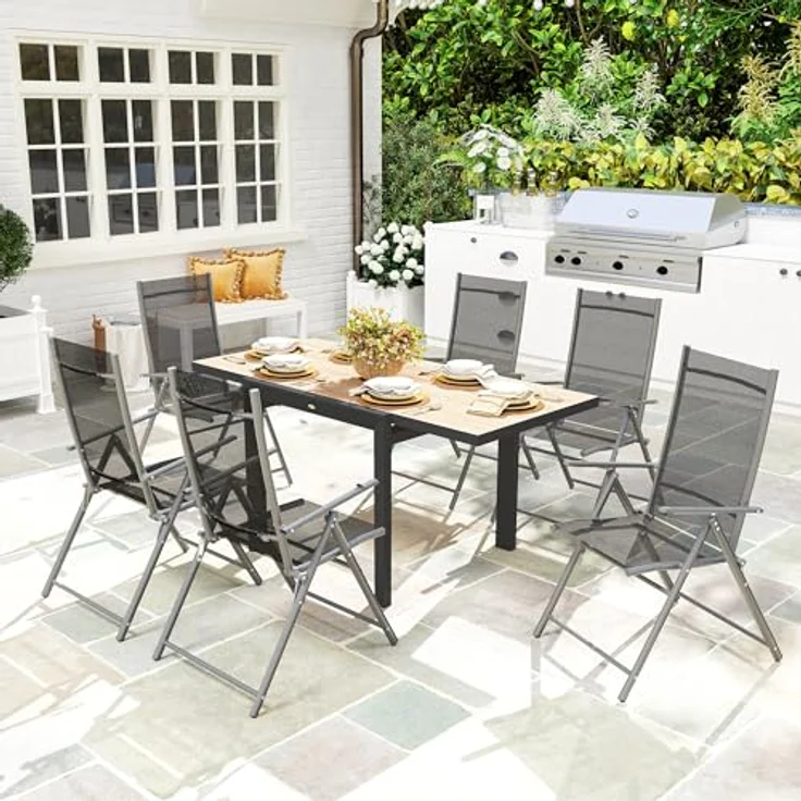 Outsunny Ausziehbarer Gartentisch, wetterfest aus Aluminium, Holzoptik, 80-160 cm, Naturholz+Dunkelgrau, für 4-6 Personen – Bild 2