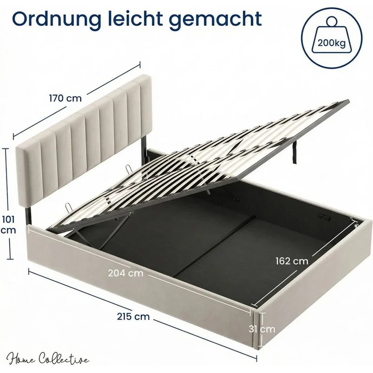 Home Collective Polsterbett mit Stauraum und Lattenrost Doppelbett Gepolstertes Bett (Verfügbare Größen: 140x200 und 160x200 cm), hydraulischer Bettkasten Kopfteil verstellbar samt Beige – Bild 2