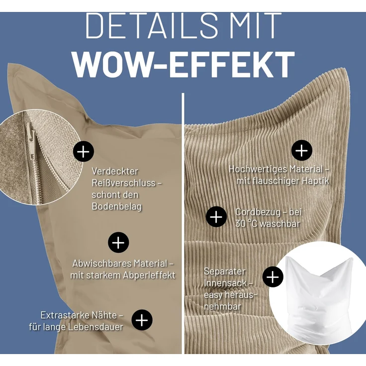 Lumaland Sitzsack Classic XXL All-in-One Set | Riesen Sitzsack XXL mit Cord & Outdoor Bezug für drinnen & draußen | Sofa Sessel mit im Innensack sicher verpackter EPS-Füllung – Hüllen Easy wechselbar – Bild 7