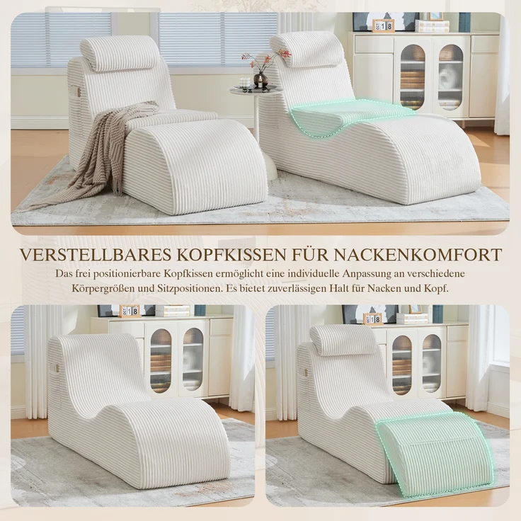 LVHOM Relaxsessel Ergonomisches Design, Lesesessel mit verstellbarer Kopfkissen und Sitzkissen, Fernsehsessel mit Seitentasche, Cord Bezug, bis 200kg belastbar – Bild 3