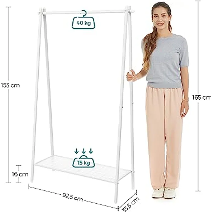 SONGMICS Kleiderständer, Garderobe, Garderobenständer, Kleiderablage, Stahlrahmen, mit Stange und Regal, 33,5 x 92,5 x 153 cm, für Schlafzimmer, Garderobe, Waschküche, Weiß HSR023W01 – Bild 7