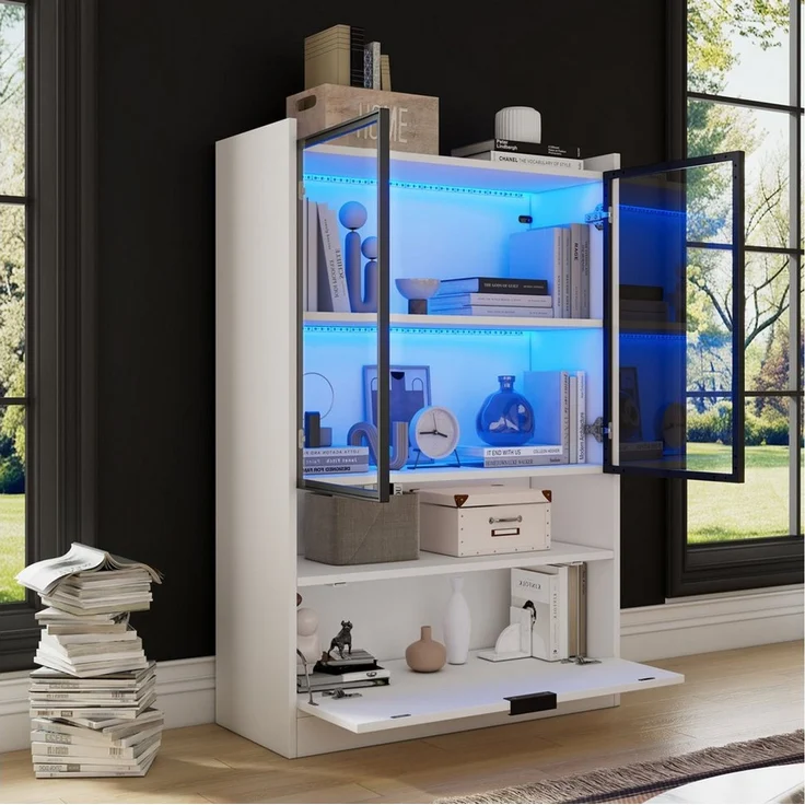 MODFU Vitrine Display-Schrank mit LED, 16 Farben, App (1-St, ideal für Wohnbereich, 80x120x35 cm) Glastüren, Klapptür, matt weiß – Bild 1