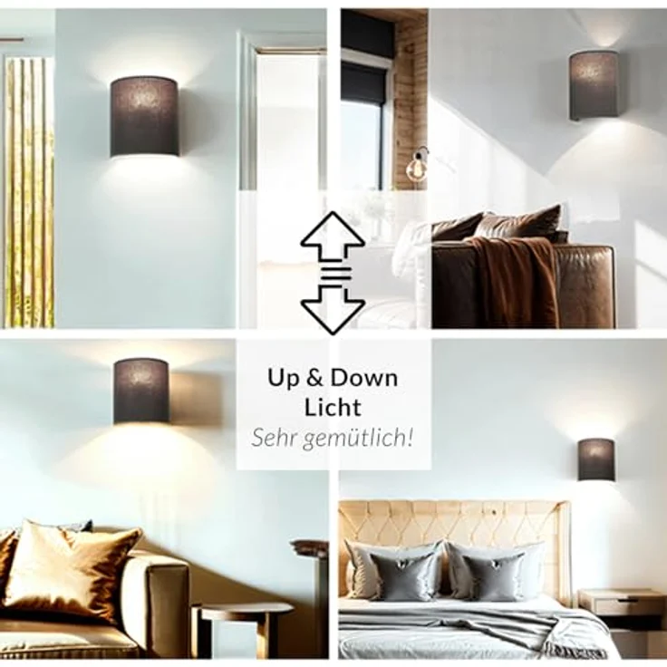 Licht-Erlebnisse Kleine Wandlampe E27 Stoff, Grau, Up Down Wandleuchte Schlafzimmer Flur Innen, B:21 cm, halbrunde Wandbeleuchtung, Landhaus, blendarm, Wandlampe Innen für Treppenhaus – Bild 5