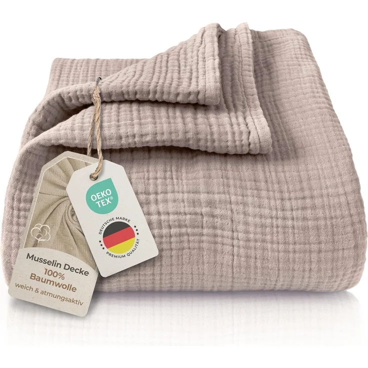 LAYNENBURG Premium Musselin Tagesdecke 220x240 cm XXL - 100% Baumwolle - extraweiche Baumwolldecke als Kuscheldecke, Bett-Überwurf, Sofa-Überwurf, Couch-Überwurf - warme Sofa-Decke (Taupe)