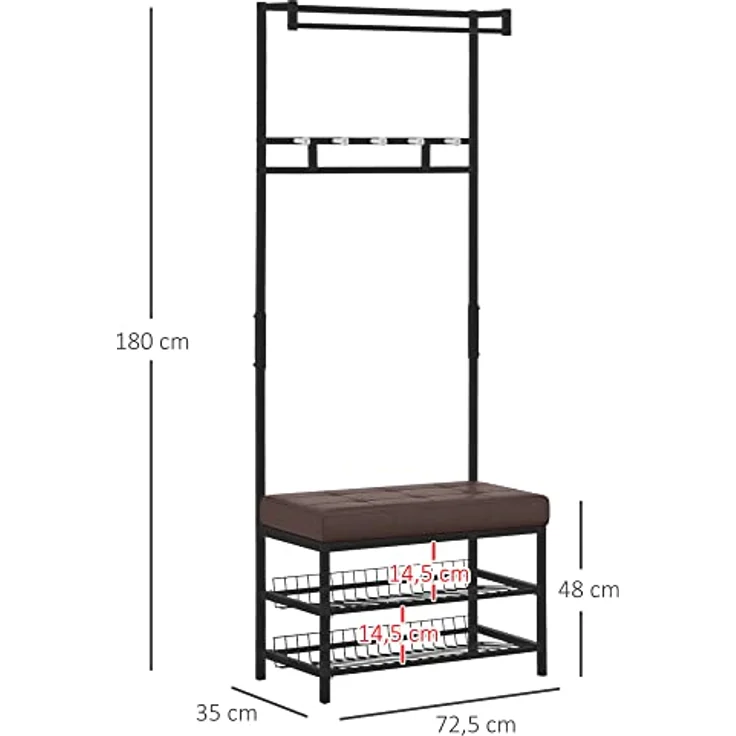 HOMCOM Garderobenständer, All-in-One Garderobe mit 5 Haken, Schuhablagen und Sitzbank, Schwarz-Braun, Metall, 35x180x72,5 cm – Bild 6