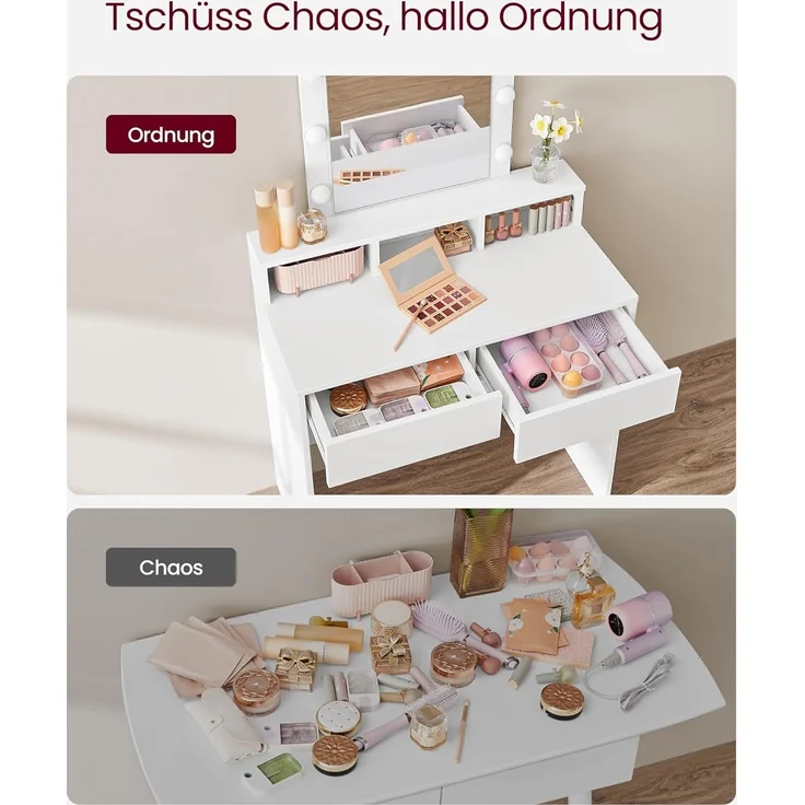 VASAGLE Schminktisch mit LED-Beleuchtung, Sitzhocker, Kosmetiktisch mit 2 Schubladen und 3 offenen Fächern, Makeup-Hocker aus Samt, für Schlafzimmer, weiß und mattweiß-pastellrosa RDT714W01 – Bild 6