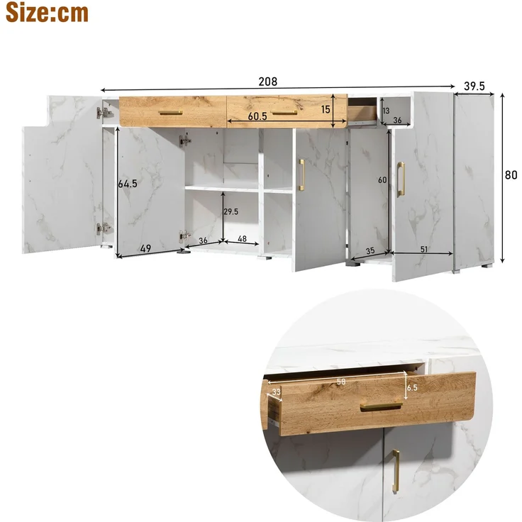 Sideboard weiß marmoriert mit Eiche-Front, modernes TV-Sideboard, Wohnzimmer-Kommode mit 2 Schubladen und 4 Türen – Bild 10
