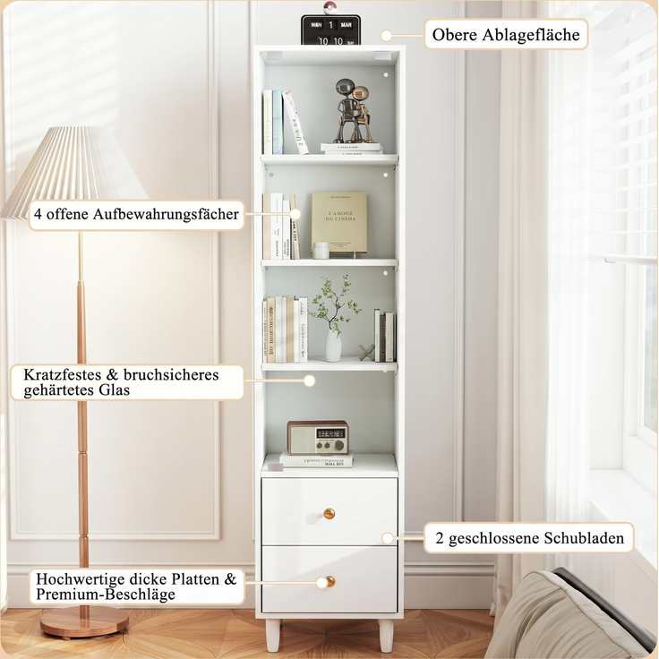 Vitrine mit LED-Beleuchtung, modernes Bücherregal mit Glastüren und 2 Schubladen, Vitrine für Sammlerstücke, moderner Stil mit goldenen Griffen, weiß–H165/B40/T35cm--Weiß--40x35x165cm--YOUDENOVA – Bild 4