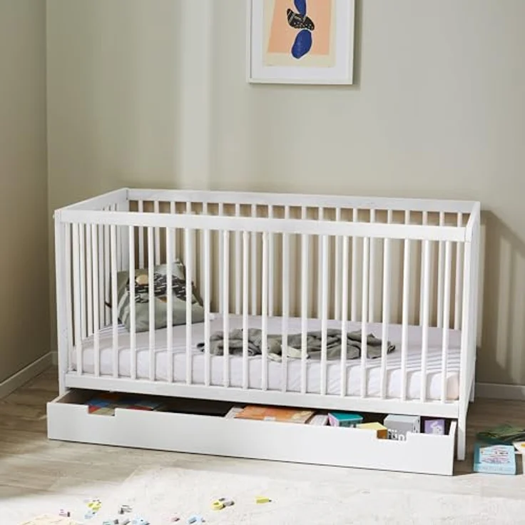 Kids Collective Kinderbett Babybett Gitterbett 60x120 und 70x140 cm höhenverstellbar, mit Schublade und Matratze weiß 70x140 cm von Geburt bis 6. Lebensjahr – Bild 5