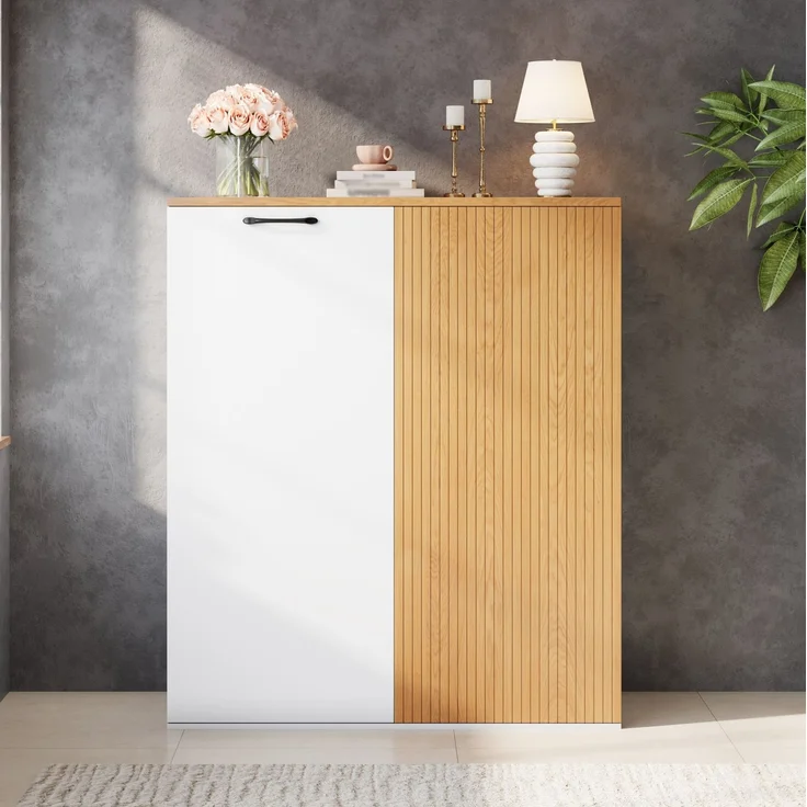 Aktenschrank 80x40x110 cm aus MDF – Weiß und Eichenholzoptik, mit Lamellenfront und Soft-Close – Bild 1