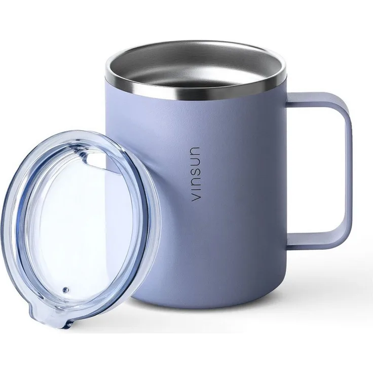 Vinsun Thermobecher Edelstahl Isolierbecher 350ml - Kaffeebecher mit Henkel und Deckel, 2-tlg, Edelstahl, Doppelwandig isoliert, BPA frei, bruchfest, Kalt- und Heißgetränke
