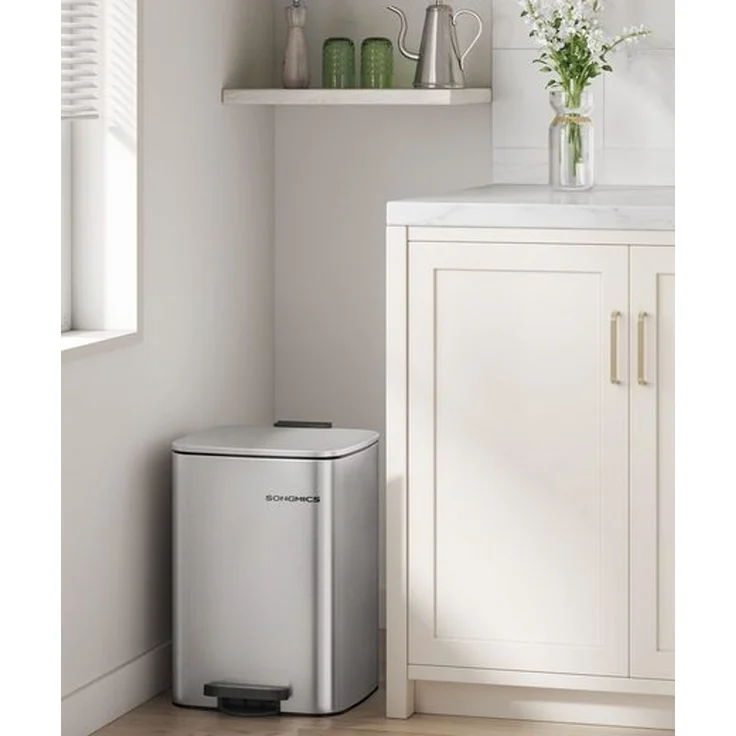 Songmics Mülleimer Küche, 20 Liter Abfalleimer, Tretmülleimer, Stahl, mit Inneneimer, Softclose, Offenhaltefunktion, metallicsilber LTBDE592E01 – Bild 1