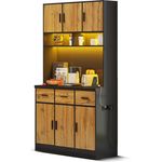 Merax 100x40x180cm, multifunktionales Buffet mit LED-Beleuchtung mit Fernbedienung, Schubladen, verstellbaren Einlegeböden, Kabelführungslöchern und Steckdosen, ideal für Küchen und Esszimmer, Schwarzer Schrank + naturfarbene Türen