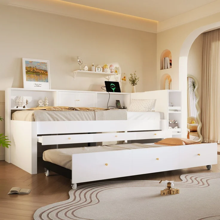 Ausziehbett mit Liegefläche 90×200 cm, Gästebett und 3 Schubladen, Weiß, ohne Matratze – Bild 2