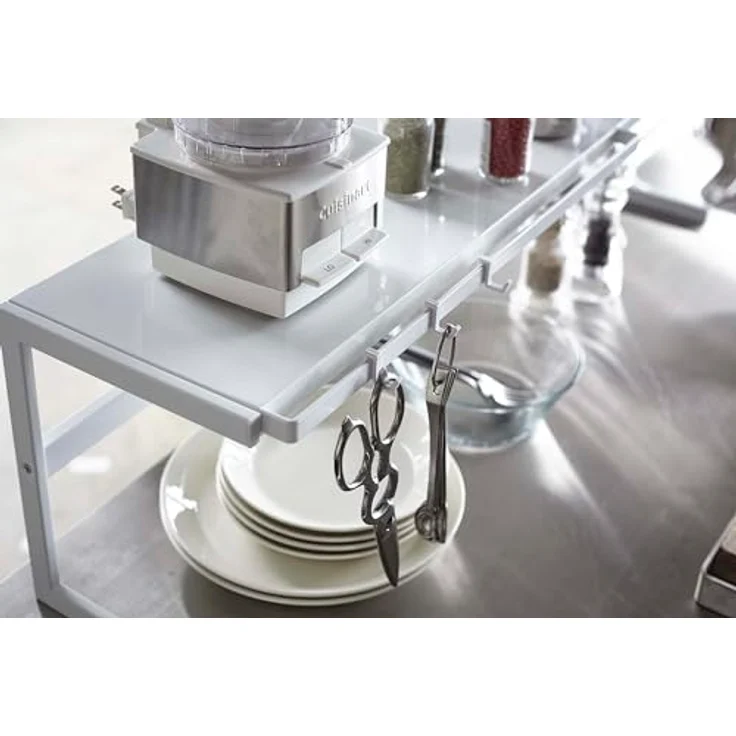 Yamazaki Küchenregal "Tower" Regal Metall 54 bis 92cm ausziehbar, platzsparend, Metallregal für mehr Platz in der kleinen Küche, mit 3 Aufhängehaken – Bild 6