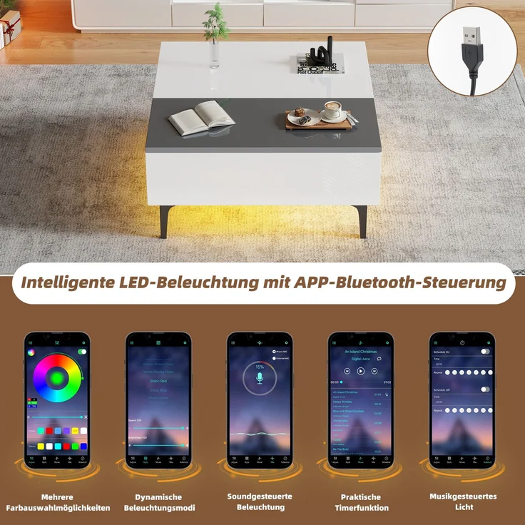 EINHOM 70 x 70 x 35 cm Couchtisch, Höhenverstellbarer Kaffeetisch mit Verstecktem Stauraum und Ablagen, Weißer Hochglanz-Wohnzimmertisch, Schreibtisch mit LED, Sofatisch mit Schubladen – Bild 6