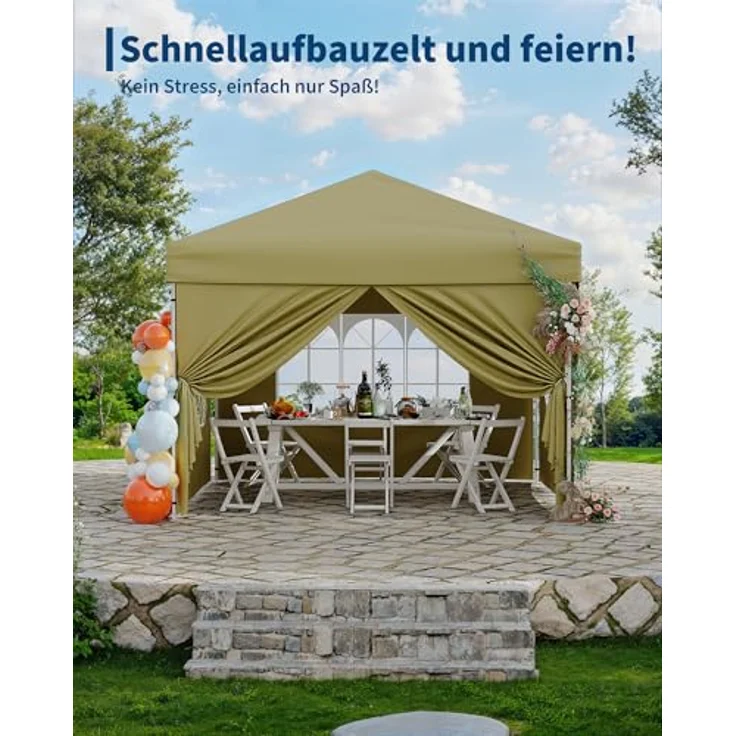 Faltpavillon 3x3 m wasserdicht stabil mit 4 Seitenwänden – Pop up Pavillon faltbar aus 420D Oxford, UV-Schutz 50+, 3-Fach höhenverstellbar, Partyzelt mit Tragetasche für Garten & Outdoor (Khaki) – Bild 6