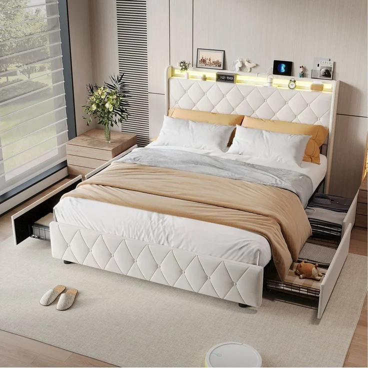 Furnishings Home Stauraumbett Polsterbett LED 90x200 cm, Doppelbett (1-tlg, Modernes Jugendbett, Leises Design Bett, Samtmaterial Polsterbett), Mit LED-Beleuchtung und Ladefunktion, Belastbarkeit 300 kg – Bild 2