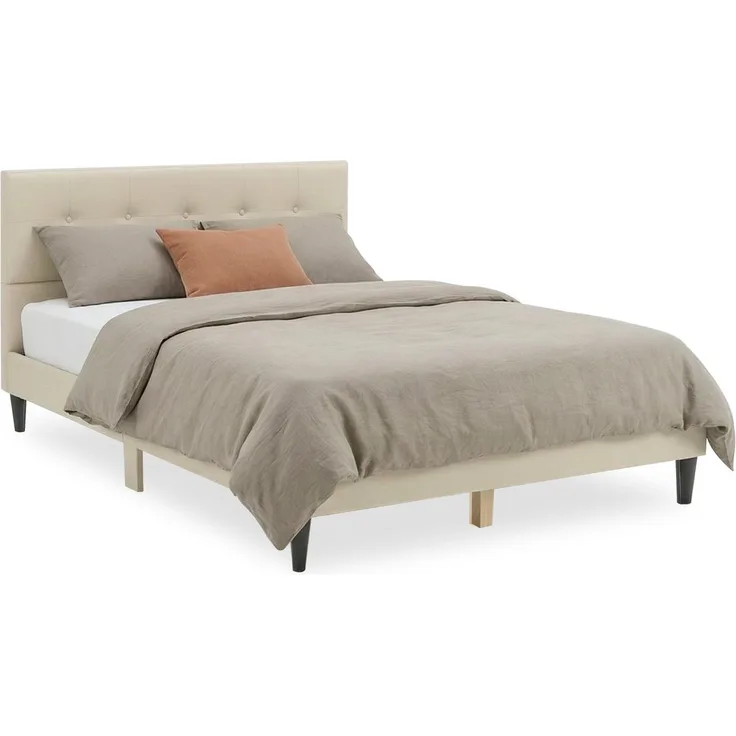 Polsterbett 140x200 cm Beige Doppelbett mit Lattenrost Stoffbett Bett Bettgestell