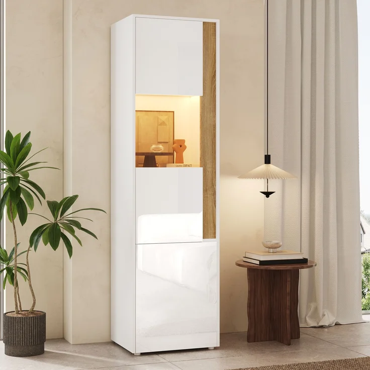 Vitrine 50x40x179 cm in Weiß/Natur mit LED-Beleuchtung und 2 Türen – Bild 1