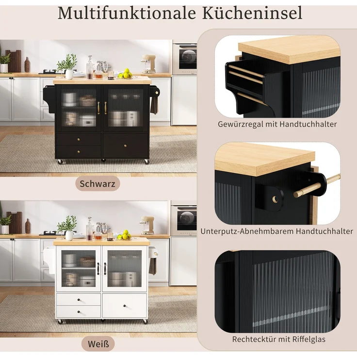 Merax Kücheninsel mit Rollen und ausziehbarem Esstisch, Küchenwagen mit Weinglashalter und Stauraum, Ideal für Küche und Esszimmer (Schwarz) – Bild 6