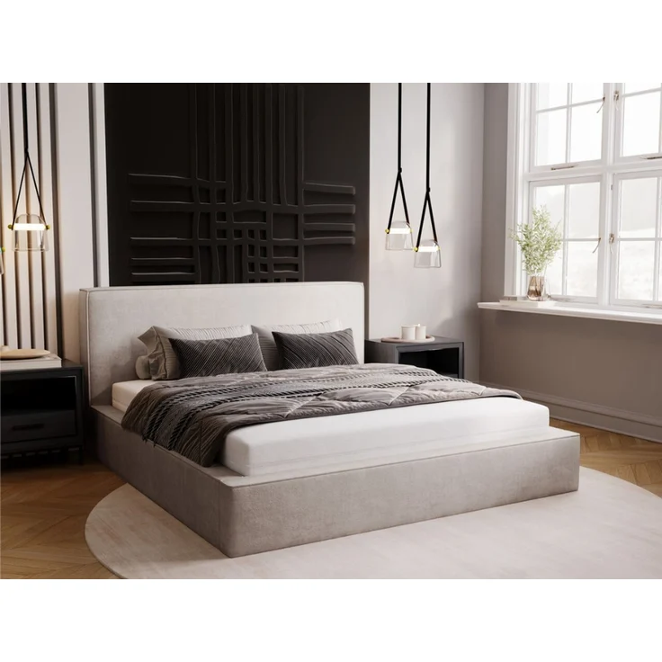 GRAINGOLD Monaco Doppelbett 160x200, Polsterbett mit Bettkasten und Kopfteil, Velour-Stoff, Hellgrau – Bild 1
