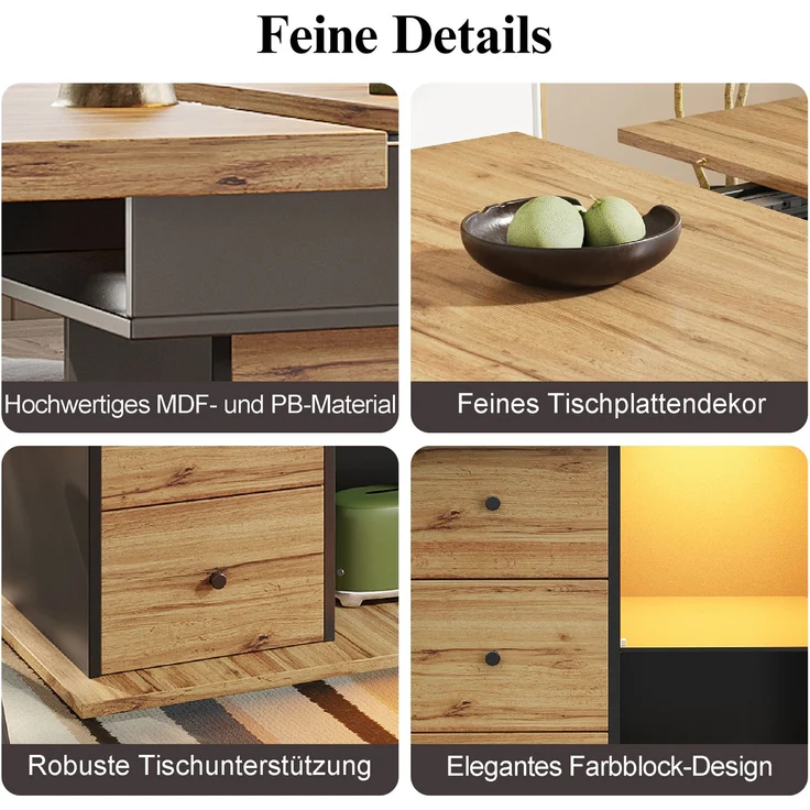 Esstisch Teleskoptisch(110-140×80cm), klappbarer Küchentisch für 4-6 Personen, Ausziehbarer Esstisch ,platzsparender Küchentisch,für Küche und Wohnzimmer,Tisch mit LED-Beleuchtung – Bild 10