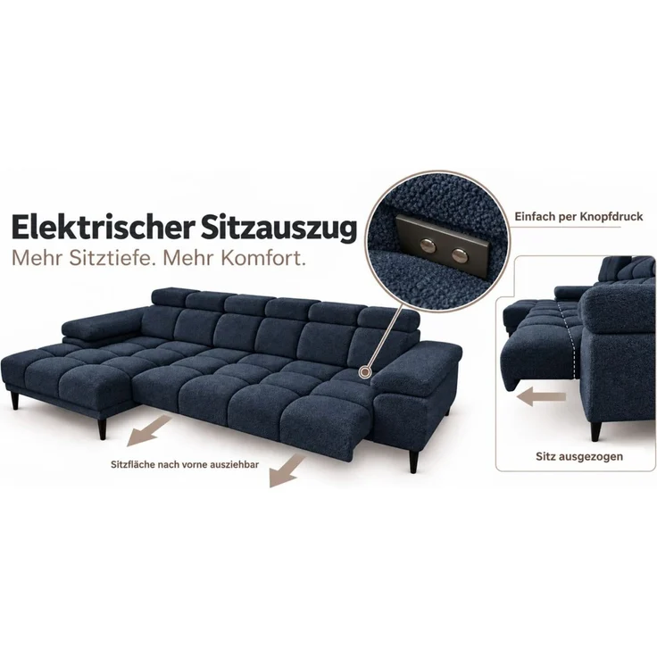 Ecksofa Schlafsofa SENVELIO RELAX inkl. Hocker Stoff Glam Dunkelblau Ottomane Links – Bild 2