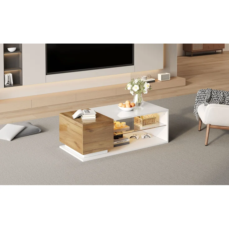 HAUSS SPOLE Couchtisch Hochglanz Couchtisch mit LED-Lichtleiste, Kaffeetisch mit Stauraum – Bild 8