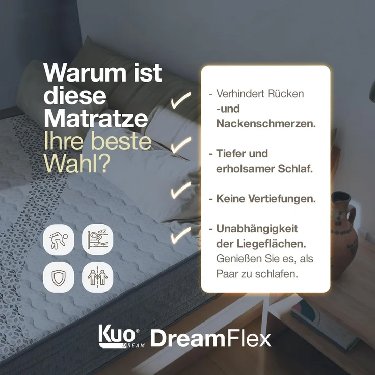 KUO Dream - DreamFlex Matratze | Viskoelastisch | Ergonomisch & Atmungsaktiv | Sommer-/Winterseite | Höhe 23 cm | Lendenwirbelstütze, 80x190 cm – Bild 6