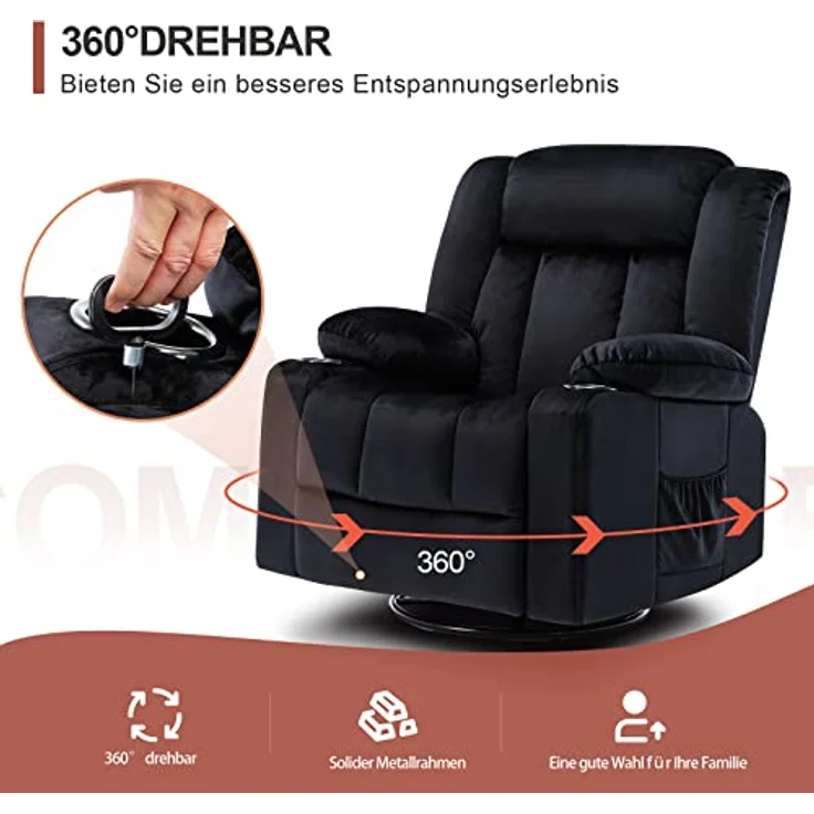 COMHOMA Manueller Drehbarer Relaxsessel für Erwachsene mit Verstellbarer Rückenlehne und Fußstütze, 360° Lounge Sessel für Wohnzimmer, Weicher Stoff, Ergonomisch, Schwarz – Bild 5