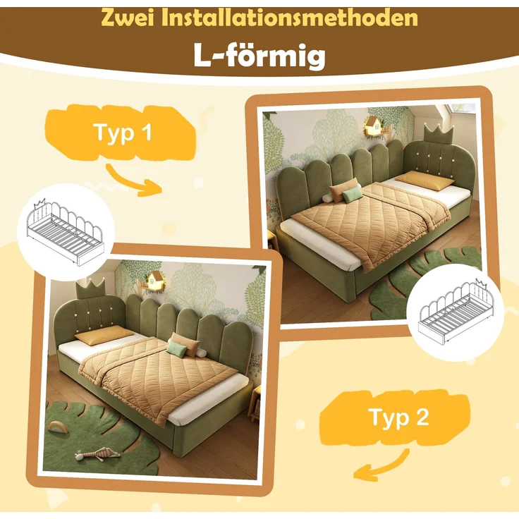 90×200 cm Samt-Sofabett mit Ausziehbett, ausziehbar zu 90×190 cm Einzelgästebett, grüne L-Form, Niedliches Kronen-Gitter-Design, platzsparend, ideal für Kinder- & Gästezimmer, ohne Matratze--Grün--203x98x95cm--YOUDENOVA – Bild 7