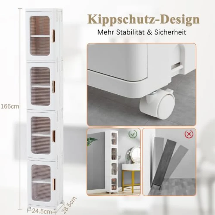 VECELO Schmaler Badezimmerschrank 24 cm, Kunststoff Aufbewahrungsschrank mit transparenter Tür, Rollen und verstellbaren Einlegeböden, platzsparender Organizer für Bad, Küche, 24 x 28 x 166 cm – Bild 2