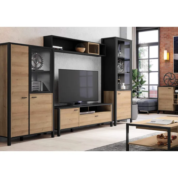 Wohnwand HIGH ROCK 4-tlg. mit Beleuchtung Riviera Eiche Optik /Schwarz