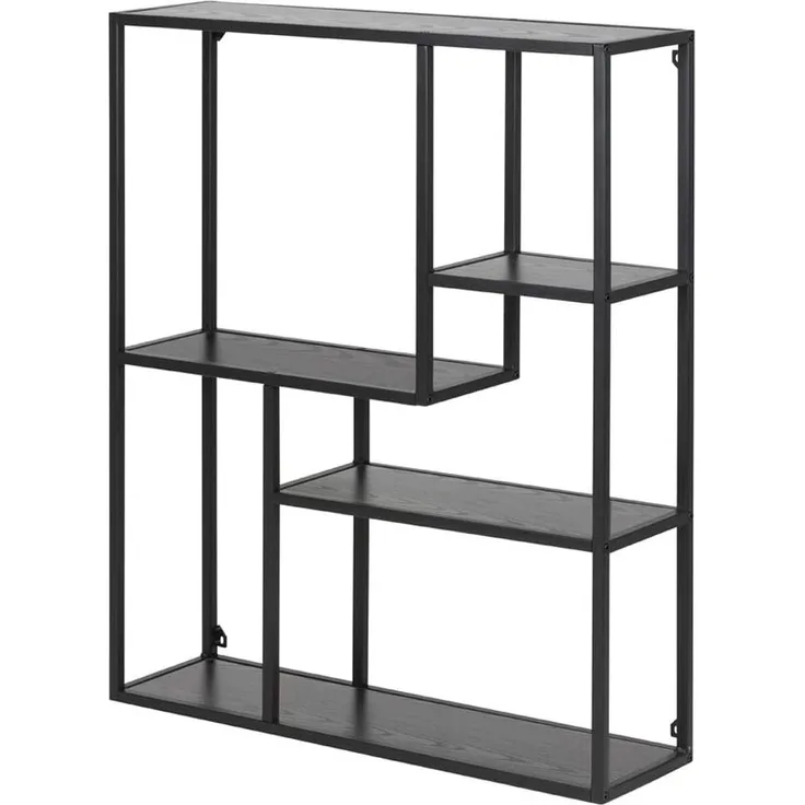 Selsey KRAPINA - Wandregal / Hängeregal mit Metallgestell - Dunkelgraue Holzoptik / Schwarz - asymmetrisch 91x75 cm