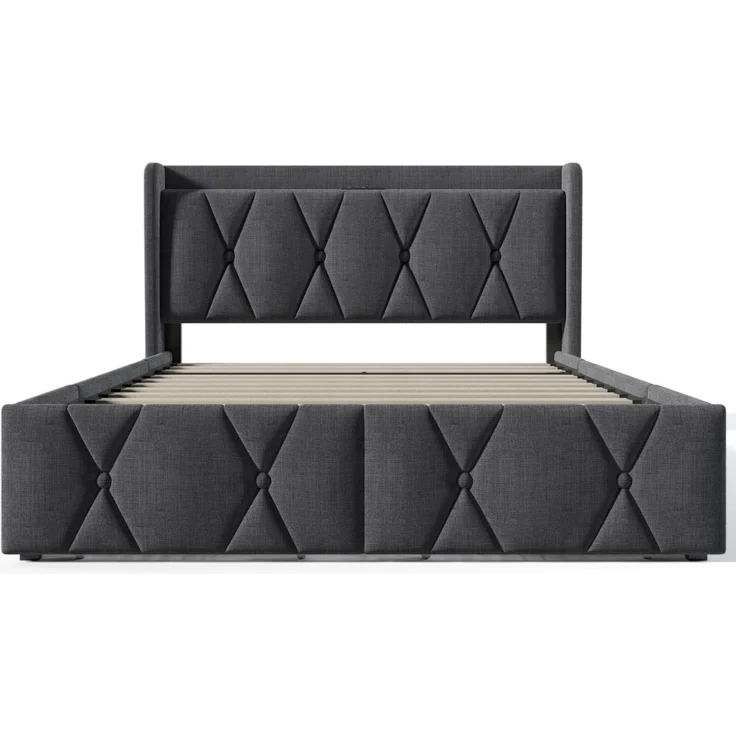 Polsterbett 140×200 cm aus Leinen-Stoff mit USB-Anschluss, vier Schubladen und Matratze, grau – Bild 8