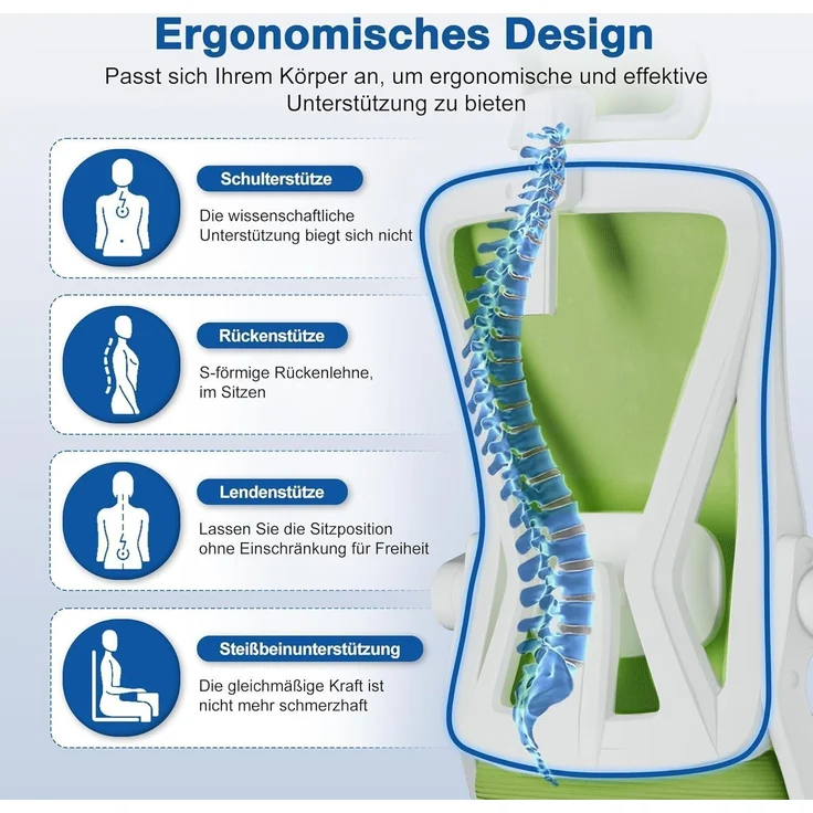 Ergonomischer Bürostuhl mit verstellbarer Kopfstütze und Armlehnen, Grün, 150kg – Bild 4