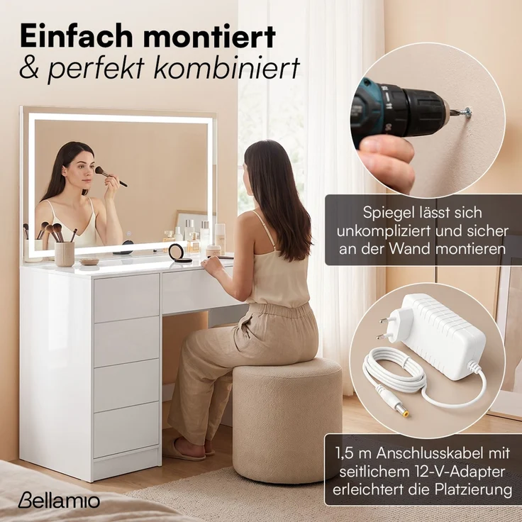 Bellamio 'Livny' Schminktisch mit Spiegel, LED-Beleuchtung, mit 5 Schubladen, beidseitig montierbar, weiß Hochglanz, 80x53x110 cm, LED-Beleuchtung mit mit 3 einstellbaren Lichtfarben – Bild 9